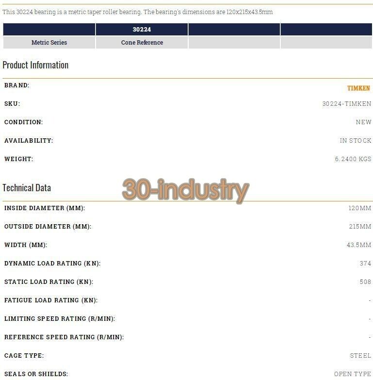 TIMKEN 30224 Taper Roller Bearing - 120x215x43.5mm Replacement - TIMKEN