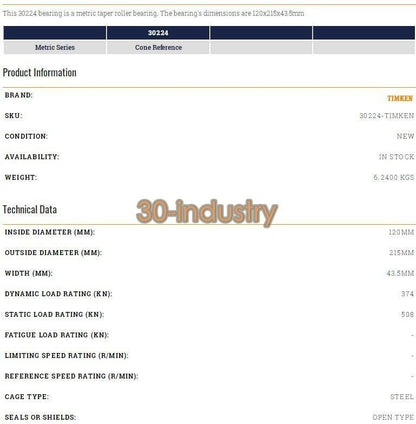 TIMKEN 30224 Taper Roller Bearing - 120x215x43.5mm Replacement - TIMKEN