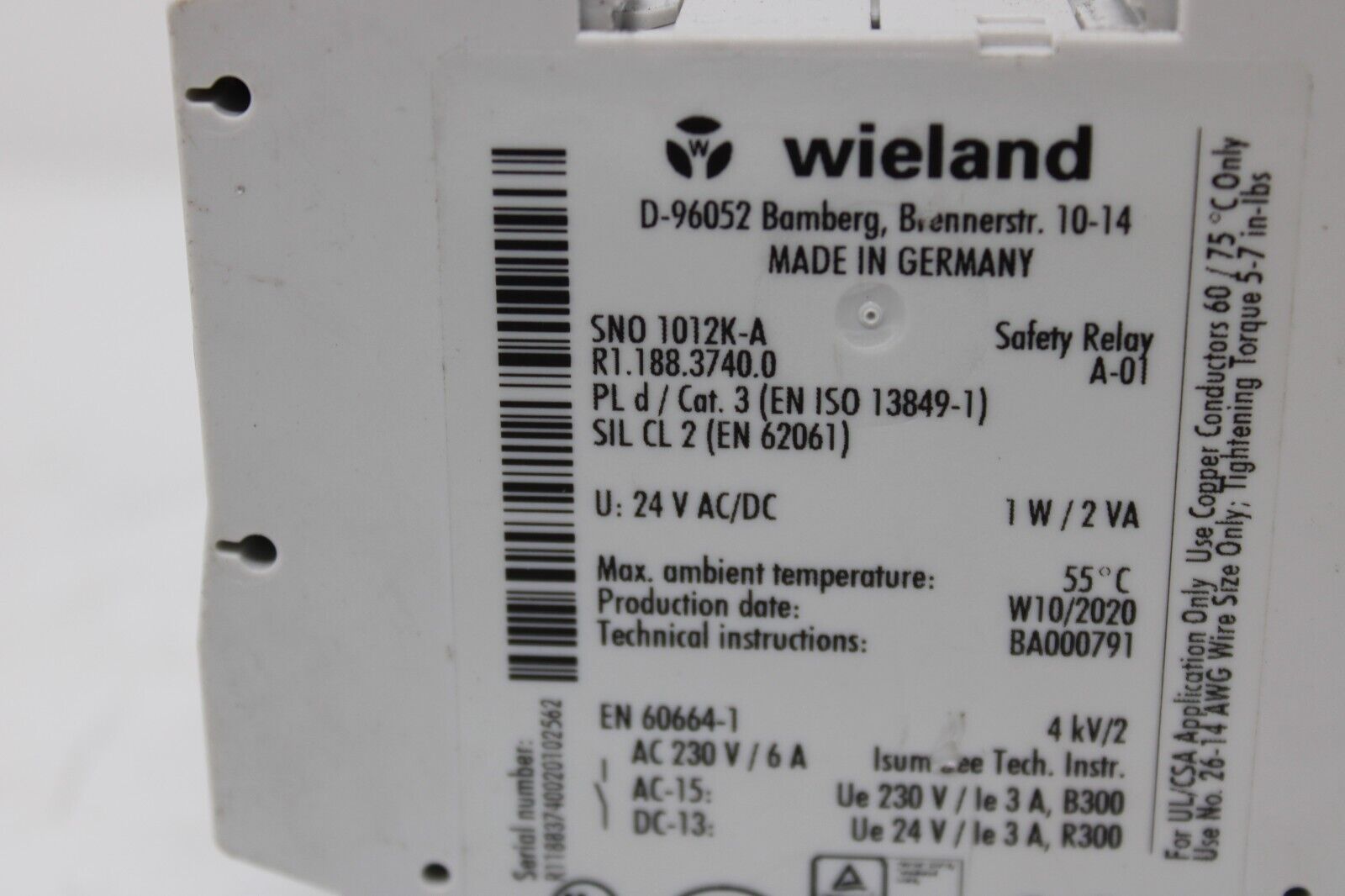used Wieland SN0 1012K-A Safety Relay - WIELAND
