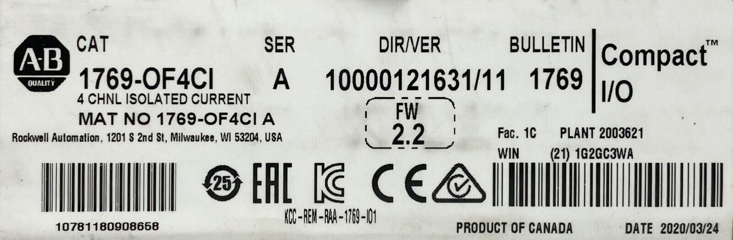 Allen Bradley 1769-OF4CI CompactLogix 4ch Isolated Current Module - ALLEN BRADLEY