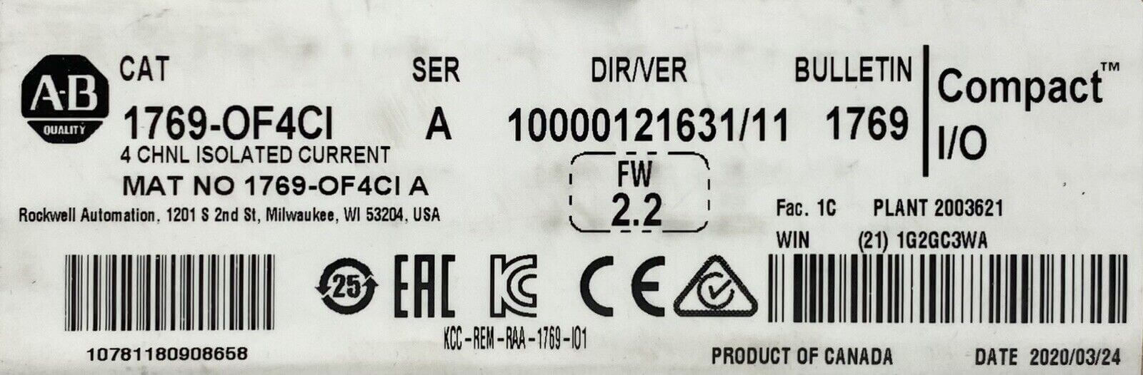 Allen Bradley 1769-OF4CI CompactLogix 4ch Isolated Current Module - ALLEN BRADLEY