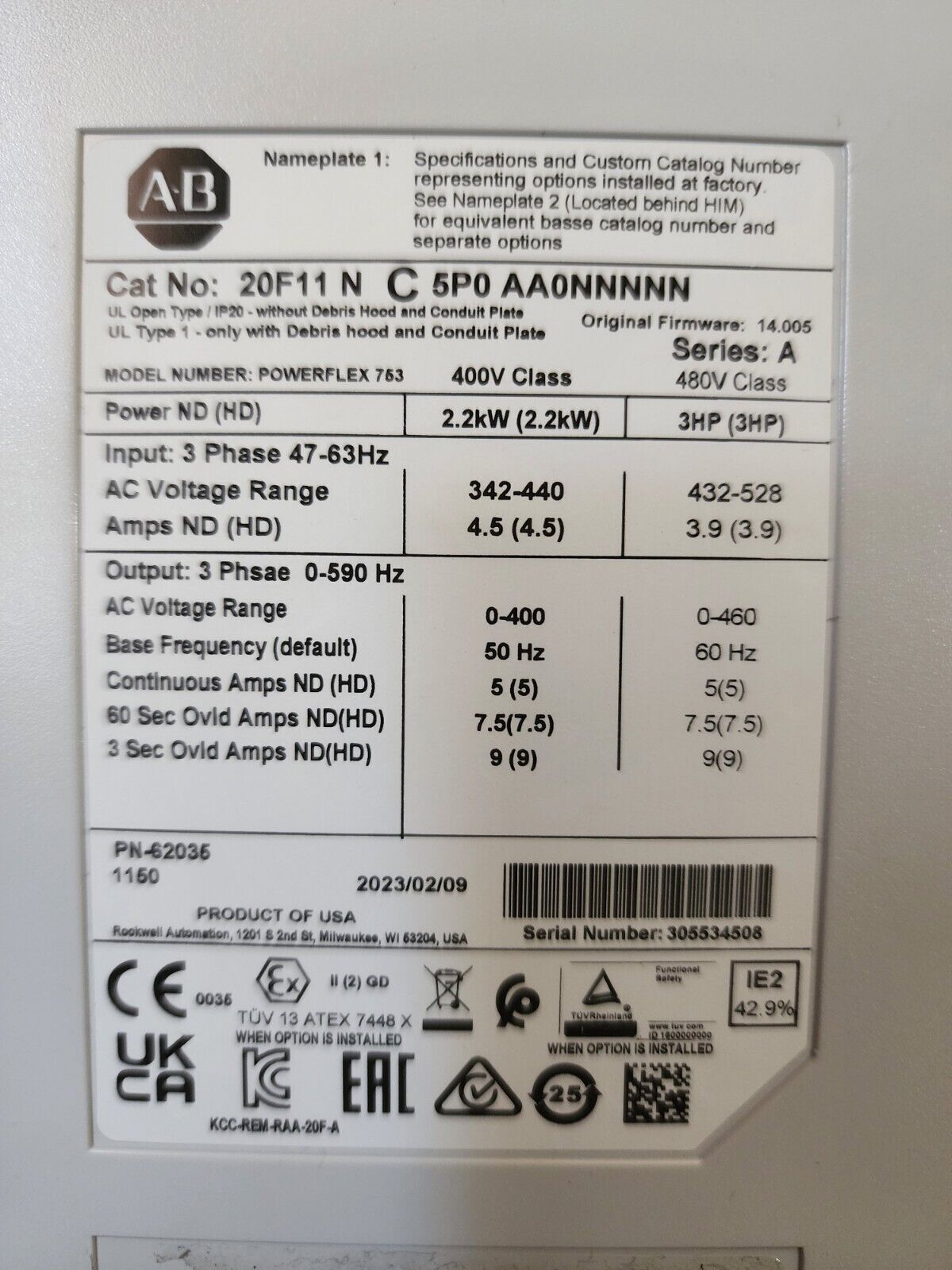 Allen Bradley 20F11NC5P0AA0NNNNN AC DRIVE 400 VAC INPUT - ALLEN BRADLEY