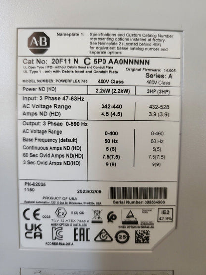 Allen Bradley 20F11NC5P0AA0NNNNN AC DRIVE 400 VAC INPUT - ALLEN BRADLEY