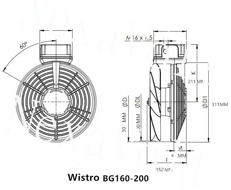 Flai BG160-200 Wistro Fan P15.51.0396 IP66 230V Waterproof Motor Fan