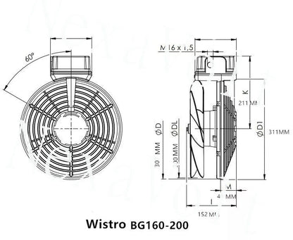 Flai BG160-200 Wistro Fan P15.51.0396 IP66 230V Waterproof Motor Fan