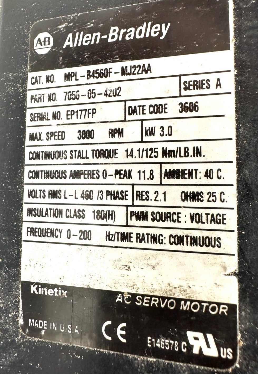 used Allen Bradley MPL-B4560F-MJ22AA Servo Motor - ALLEN BRADLEY