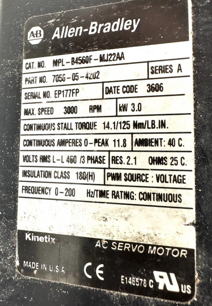 used Allen Bradley MPL-B4560F-MJ22AA Servo Motor - ALLEN BRADLEY