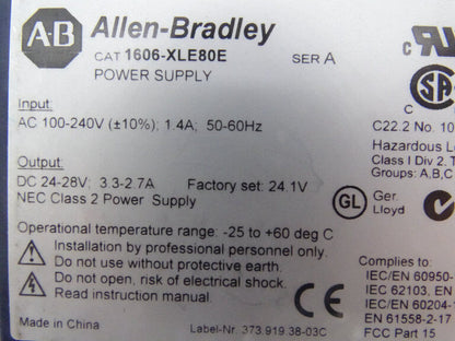 ALLEN BRADLEY 1606-XLE80E POWER SUPPLY - ALLEN BRADLEY