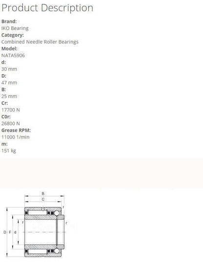 IKO NATA5906 Combined Needle Roller Bearing 30x47x23mm - IKO