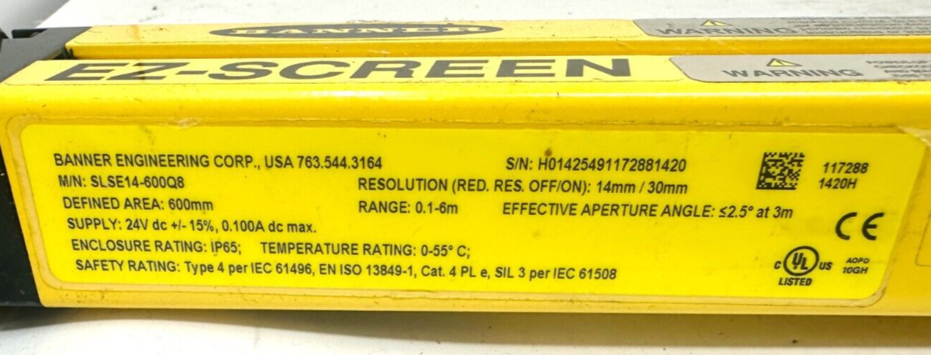 used Banner SLSE14-600Q8 SLSR14-600Q8 EZ-Screen Light Curtain Emitter and Receiver - BANNER