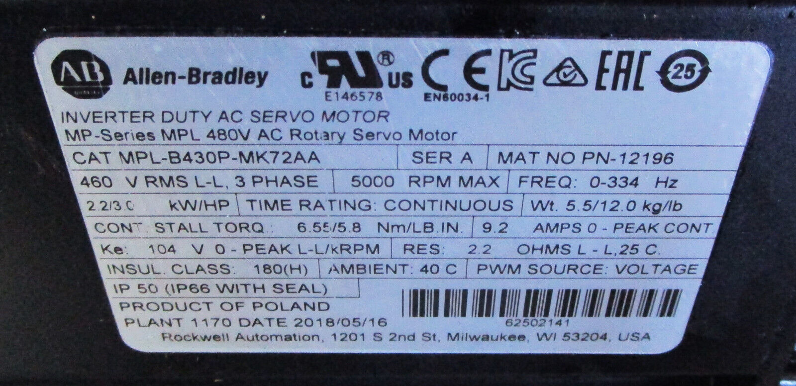 Allen-Bradley Inverter Duty AC Servo Motor MPL-B430P-MK72AA - ALLEN-BRADLEY