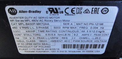 Allen-Bradley Inverter Duty AC Servo Motor MPL-B430P-MK72AA - ALLEN-BRADLEY