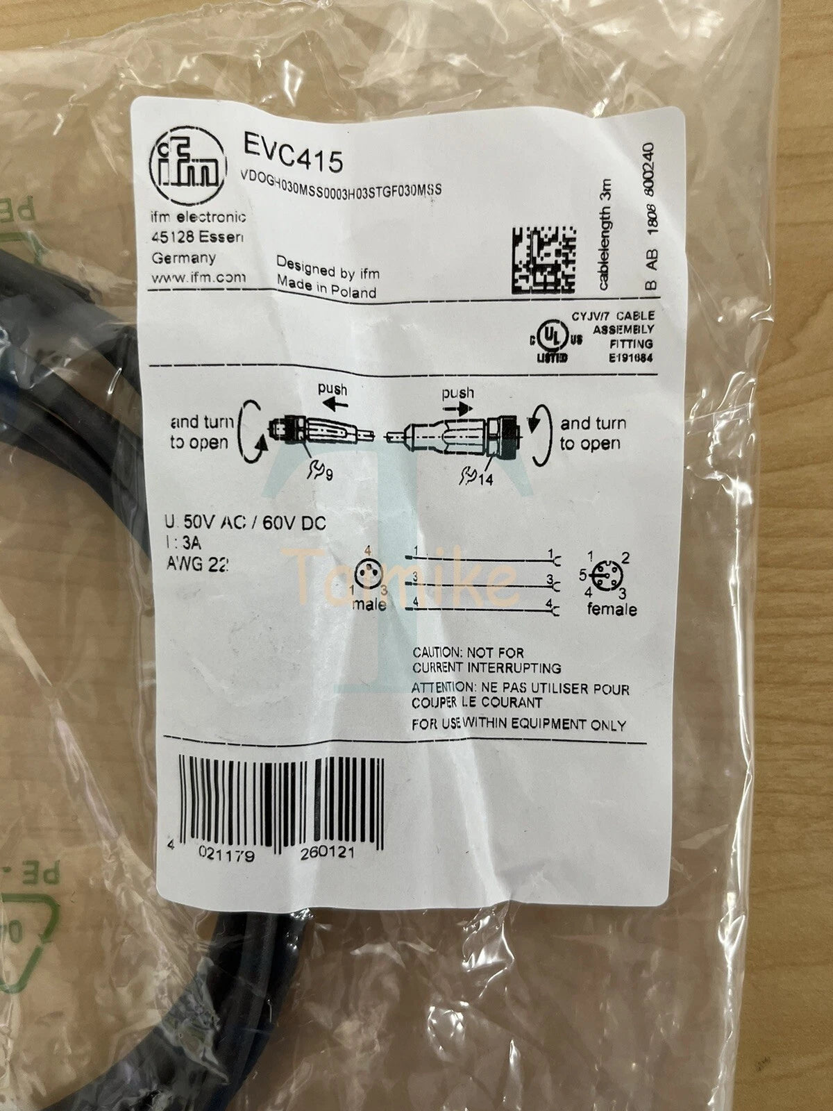 ! IFM EFECTOR EVC415 Sensor Connection 3m Cable - M12/M8 - Factory Sealed!