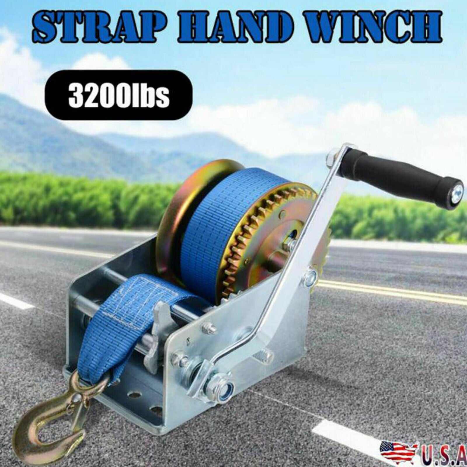 3200lbs Hand Winch polyester strap for Boat ATV Trailer RV Blue - YETI