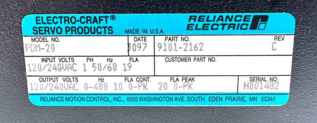 used Reliance Electric Electro-Craft PDM-20 Servo Drive 9101-2162 - RELIANCE ELECTRIC ELECTRO-CRAFT