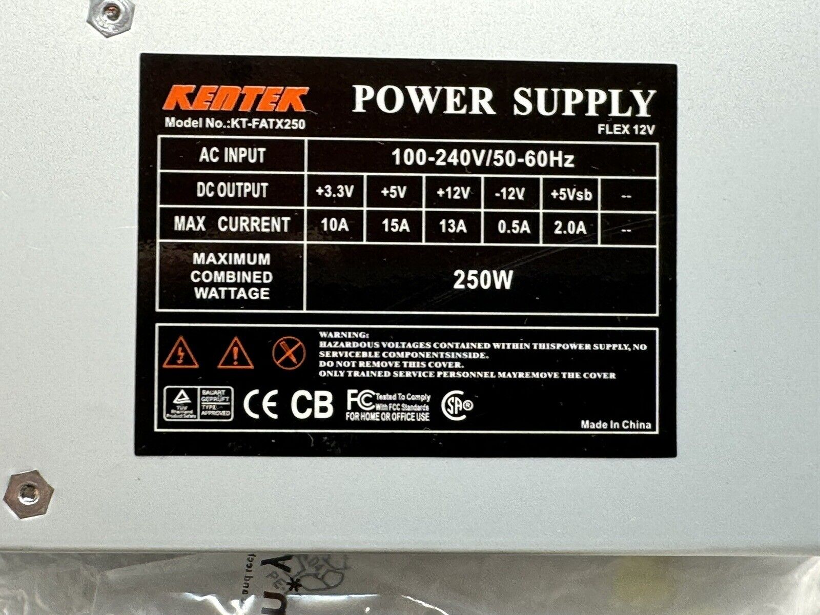 Kentek Kt-fatx250 250W 24-Pin Molex SATA FDD - KENTEK