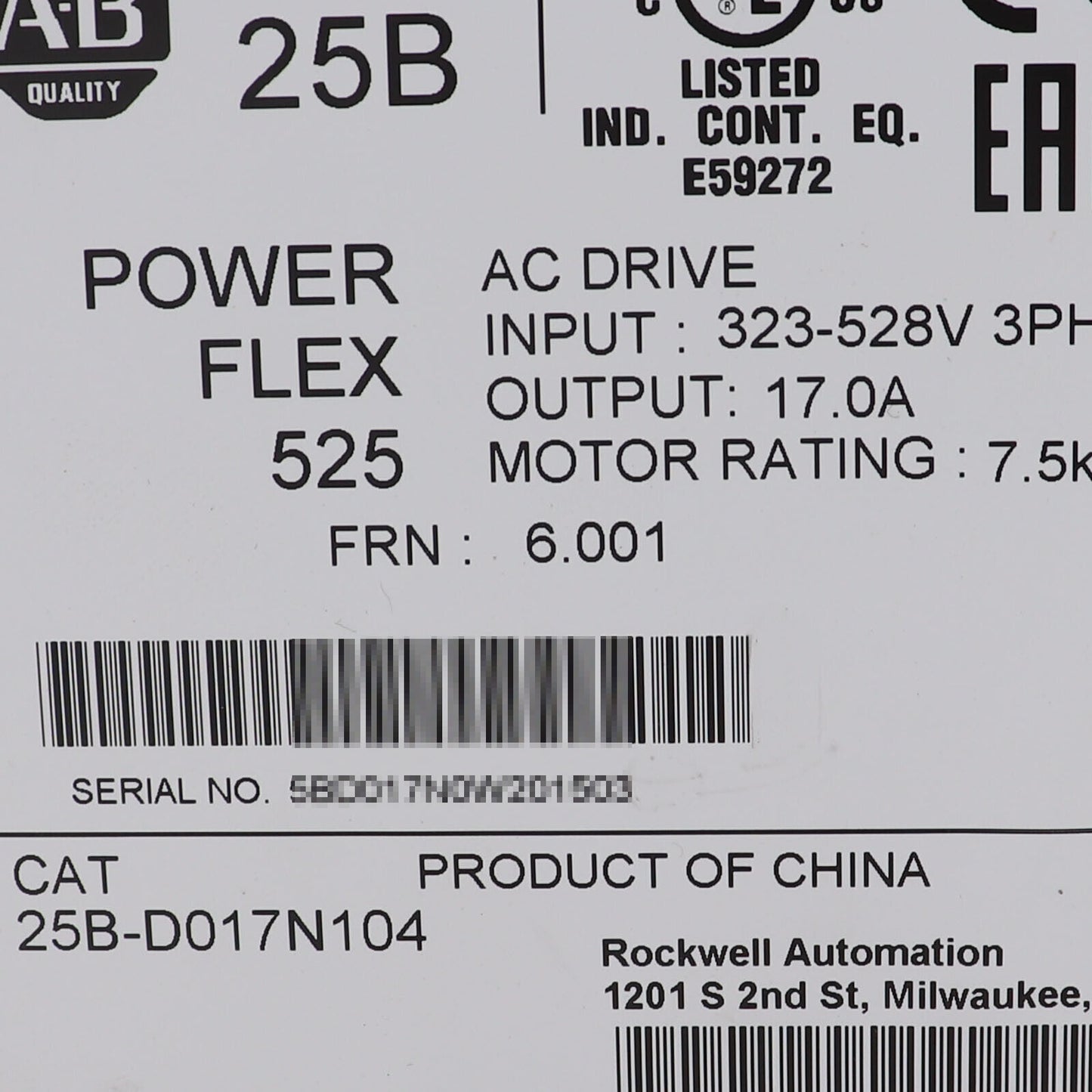 Allen-Bradley PowerFlex 525 7.5kW 10Hp AC Drive - ALLEN-BRADLEY
