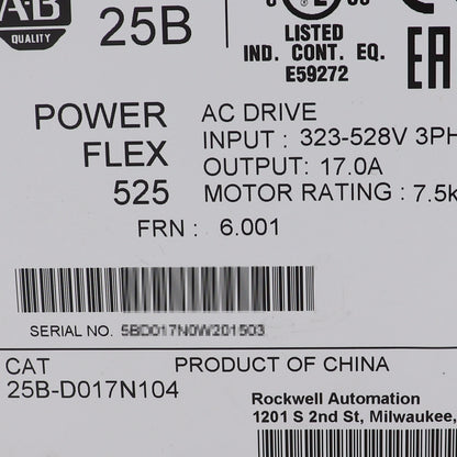 Allen-Bradley PowerFlex 525 7.5kW 10Hp AC Drive - ALLEN-BRADLEY