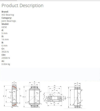 IKO GE5E Steel-on-steel Spherical Bushings 5x14x6mm - IKO
