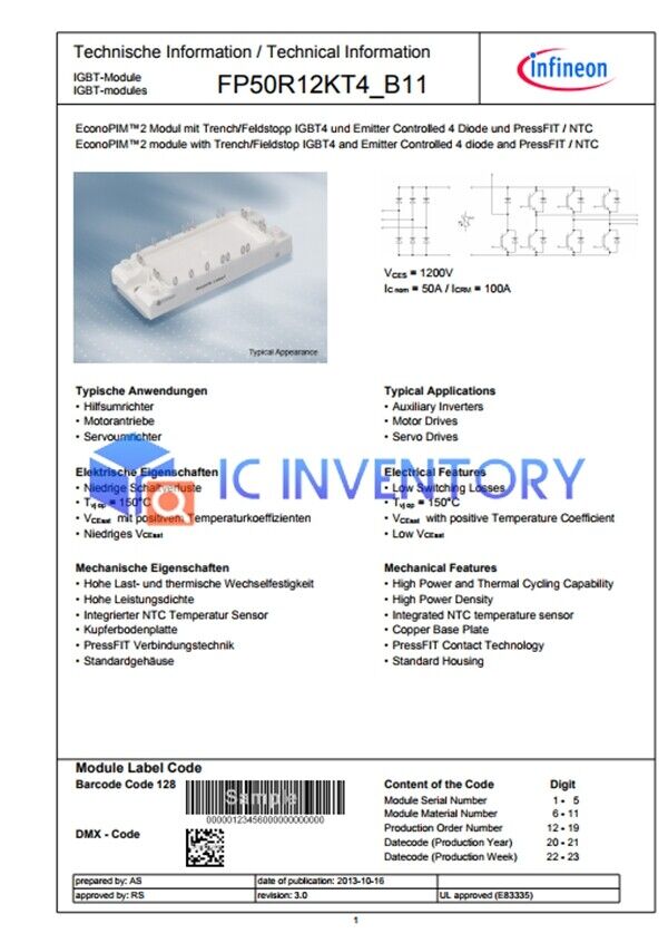 new 1PCS EUPEC/INFINEON FP50R12KT4_B11 FP50R12KT4-B11 Module Power Supply - EUPEC/INFINEON