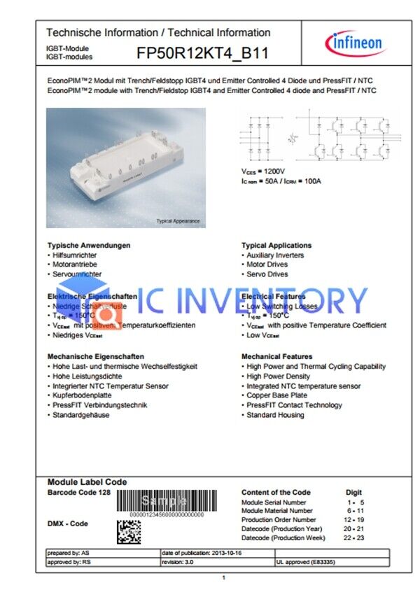 new 1PCS EUPEC/INFINEON FP50R12KT4_B11  FP50R12KT4-B11 Module Power Supply