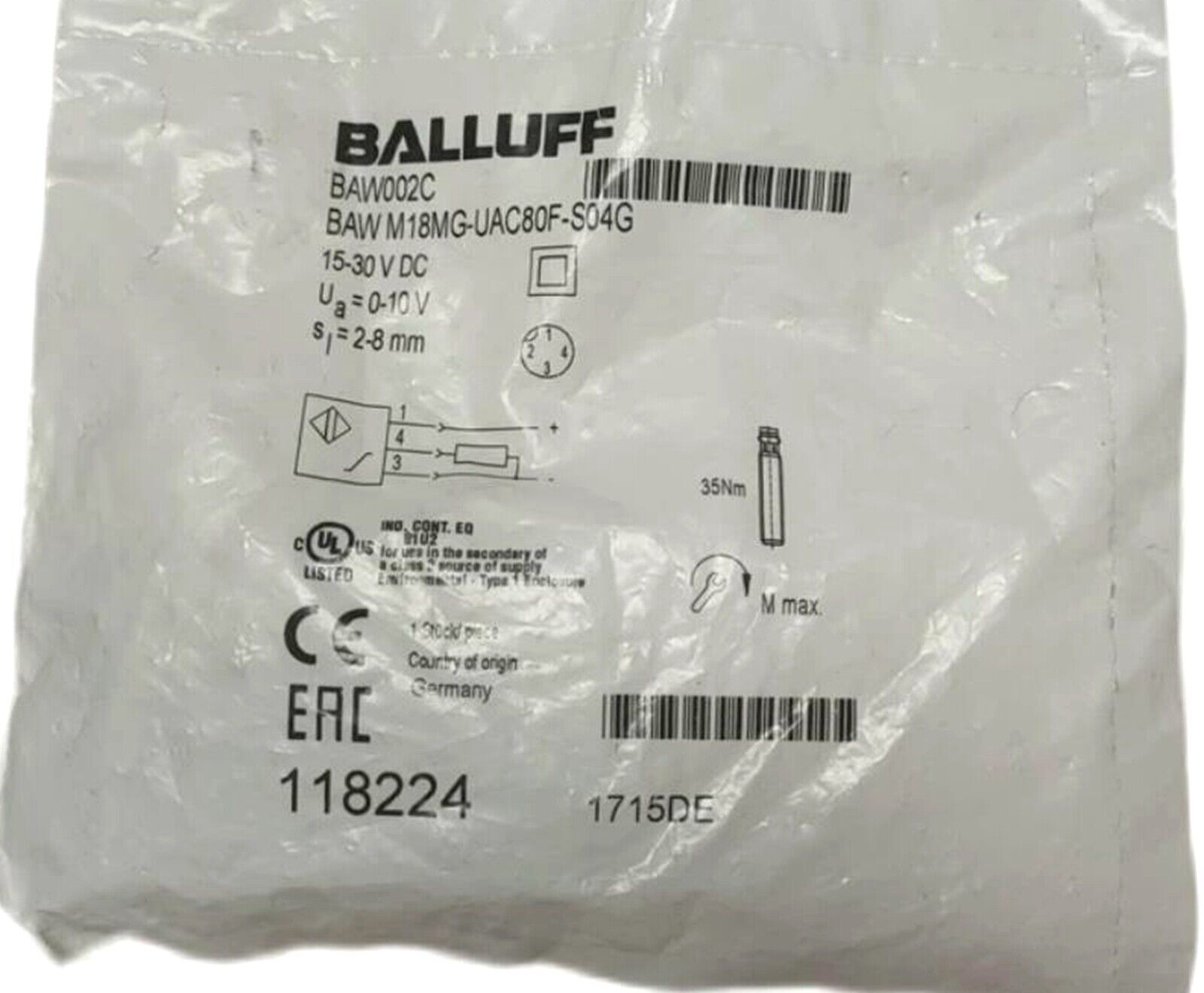 BALLUFF BAW M18MG-UAC80F-S04G Inductive Distance Sensor | High-Precision Distance Measurement Device - BALLUFF