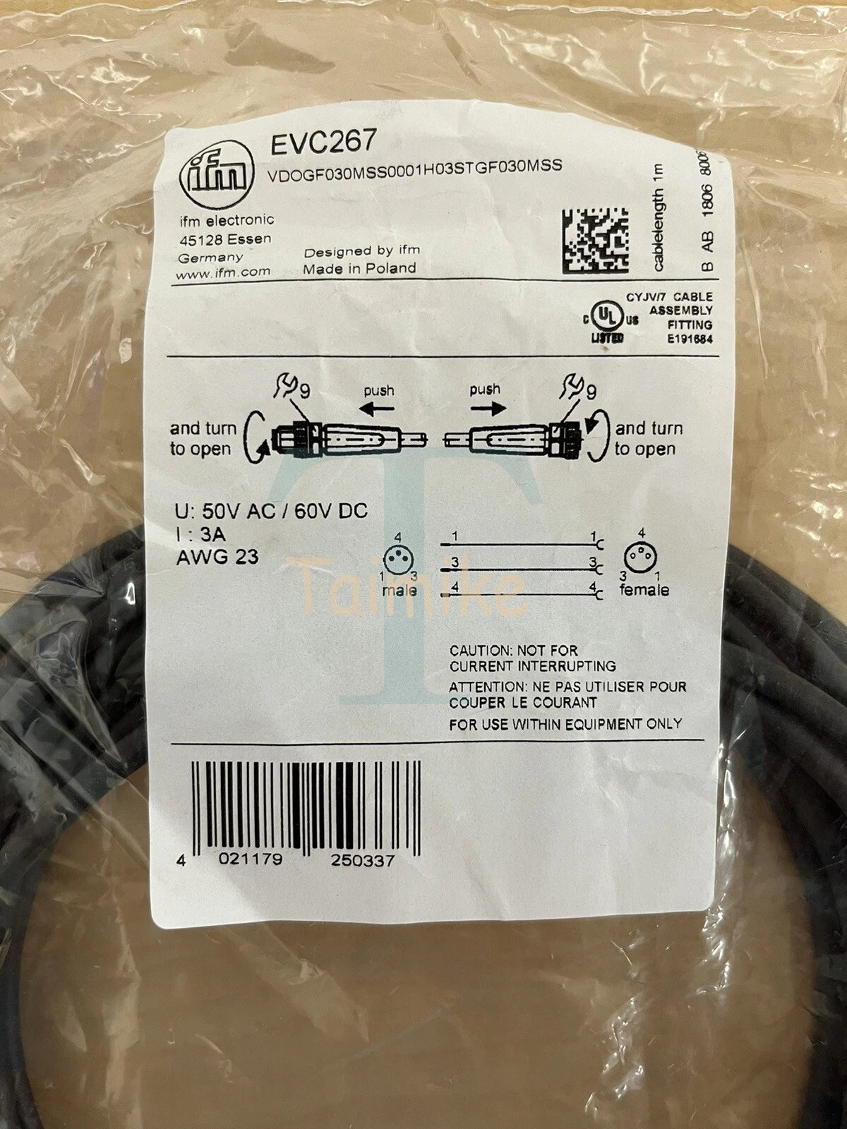 ! IFM EFECTOR EVC267 Sensor Connection Cable - M8/M8 - Factory Sealed!