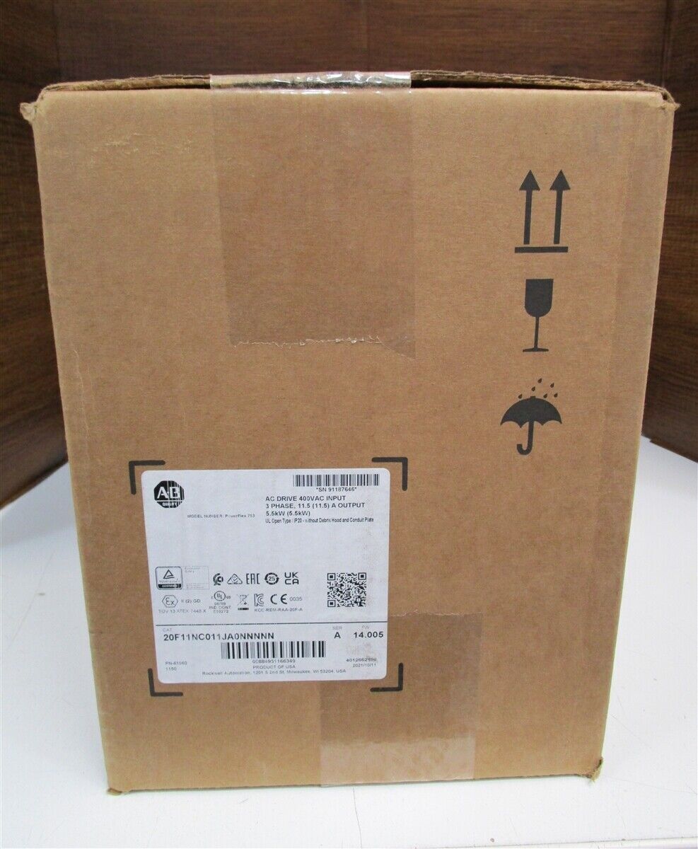 Allen-Bradley PowerFlex 753 AC Packaged Drive 20F11NC011JA0NNNNN SER A 750W AC Motor Controller 480V 60Hz 1HP 1800VAC 1100VDC 95% Efficient 480VAC 20F11NC011JA0NNNNN - ALLEN-BRADLEY
