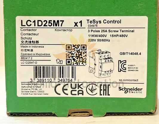 Schneider LC1D25M7 Contactor 3 poles 25 Amps Screw 220V 50/60 Hz 1PCS