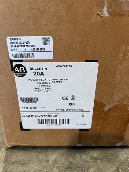 Allen Bradley PowerFlex 70 AC Drive 1HP 20AB4P2A0AYNNNC0 Model - ALLEN BRADLEY