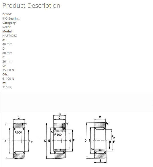 IKO NAST40ZZ Roller Follower With Cage Inner Ring 80x40x26mm - IKO