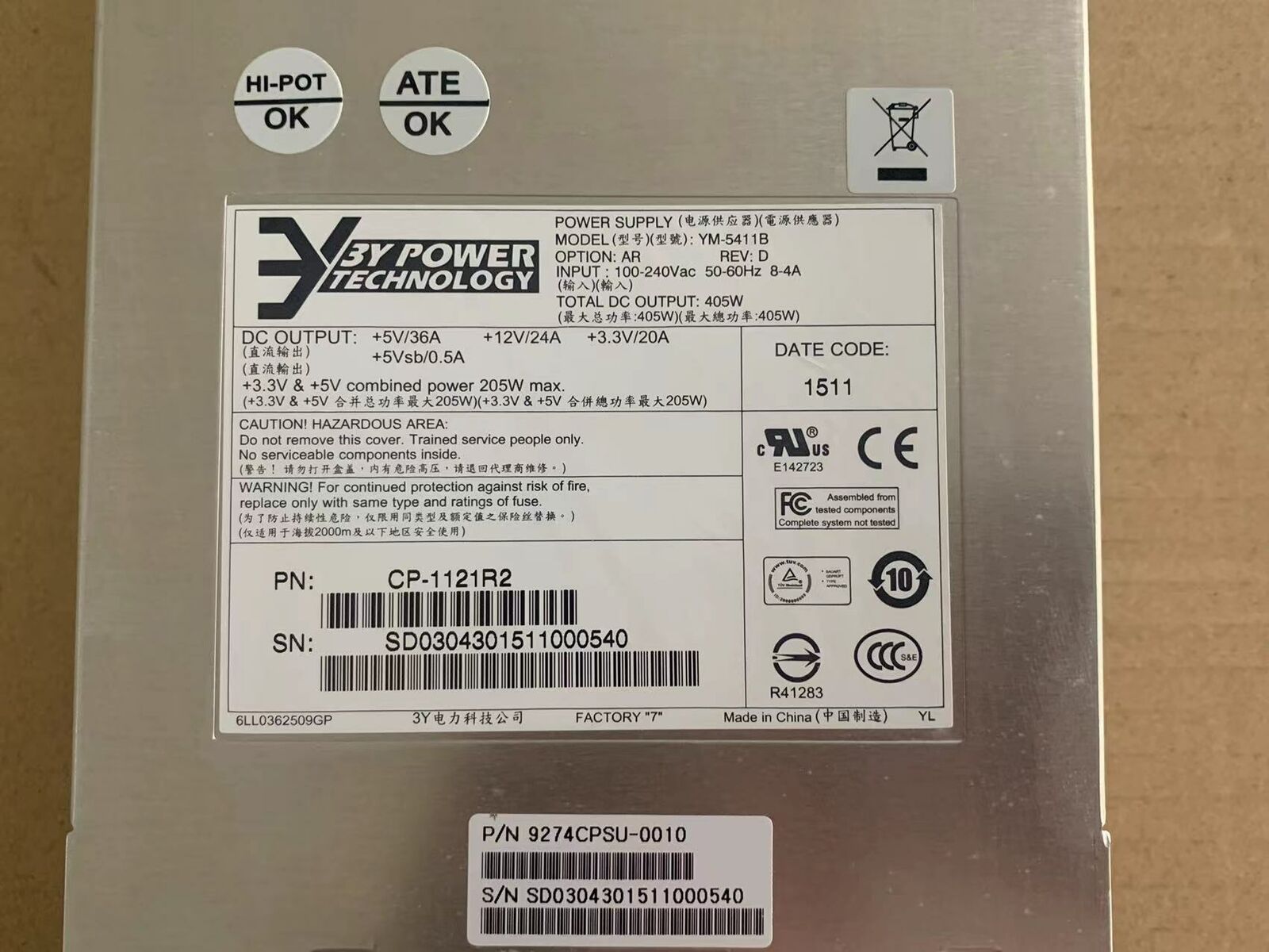 used 3Y YM-5411B 405W Server Redundant Power Module 9274CPSU-0010 - 3Y
