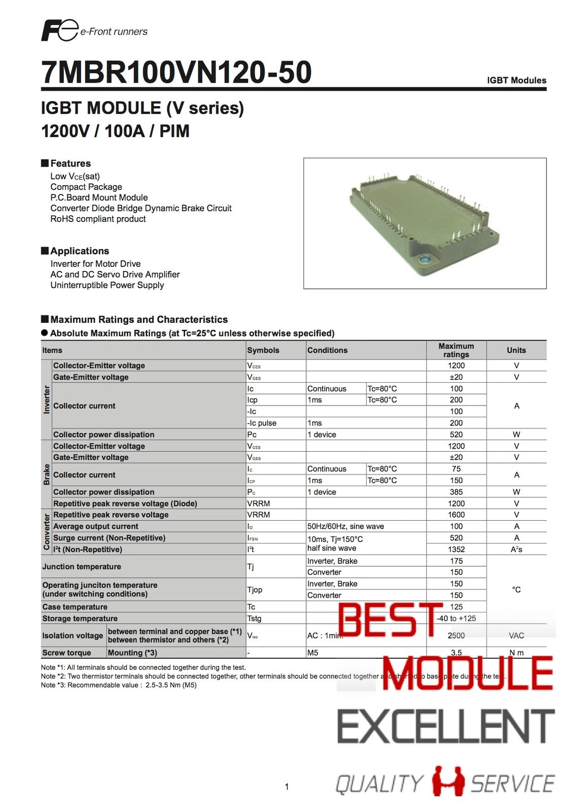 new 1PCS FUJI 7MBR100VN120-50 power supply module Quality Assurance - FUJI