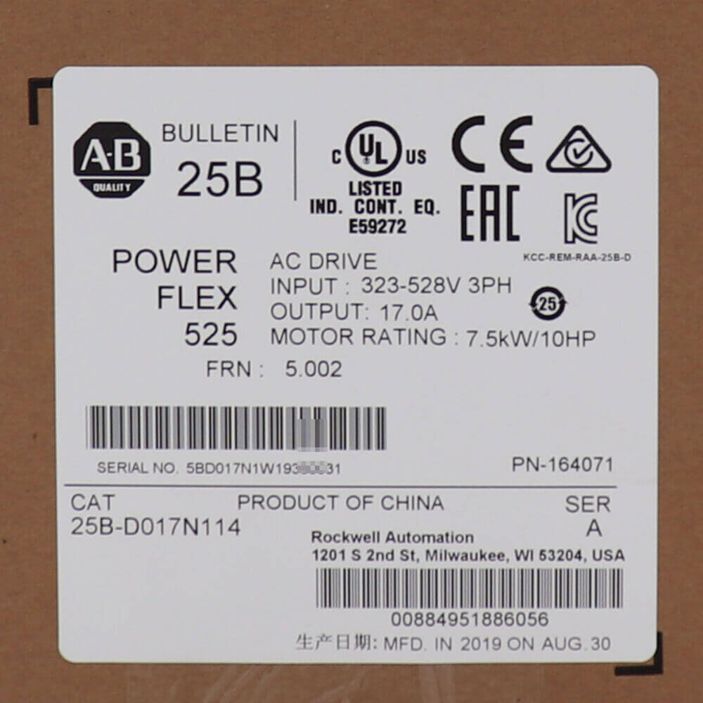 Allen Bradley 25B-D017N114 PowerFlex 525 7.5kW 10Hp AC Drive New - ALLEN BRADLEY