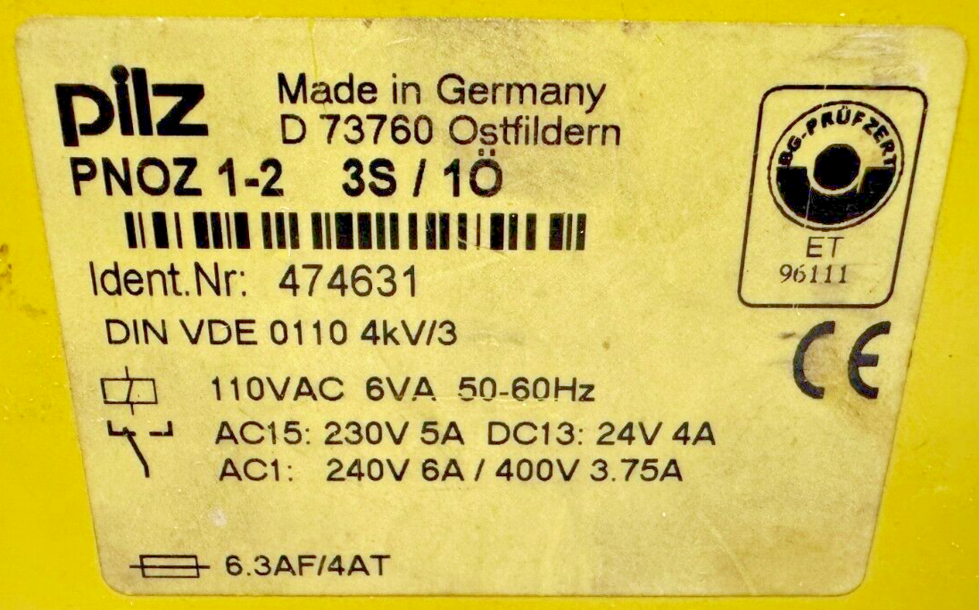 used Pilz PNOZ 1-2 3S/1O 110VAC Safety Relay 474631