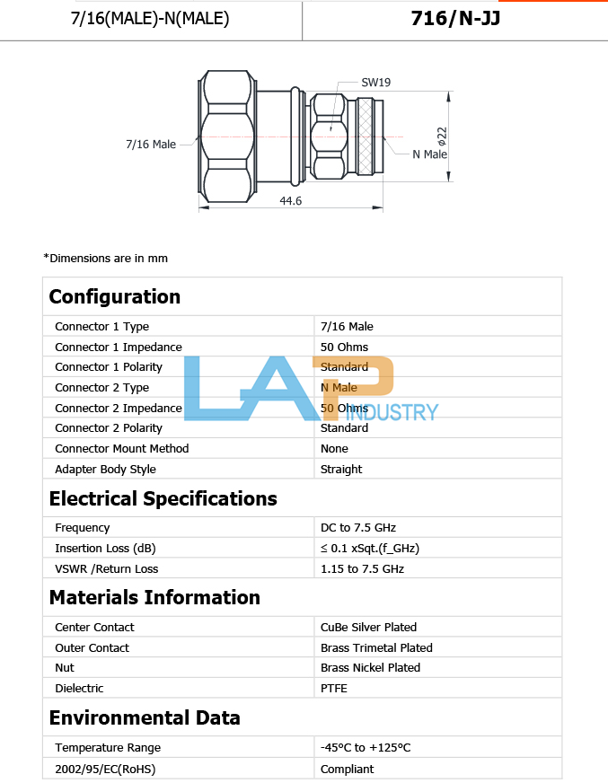 7/16-N Precision Adapter DC-7.5GHz 716/N-JJ for Optimal Performance - DELTA