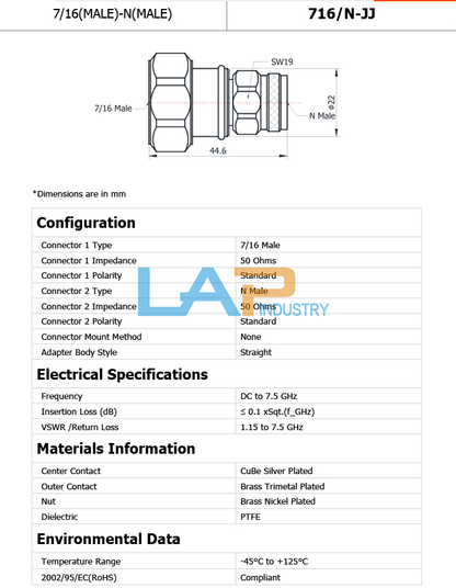7/16-N Precision Adapter DC-7.5GHz 716/N-JJ for Optimal Performance - DELTA