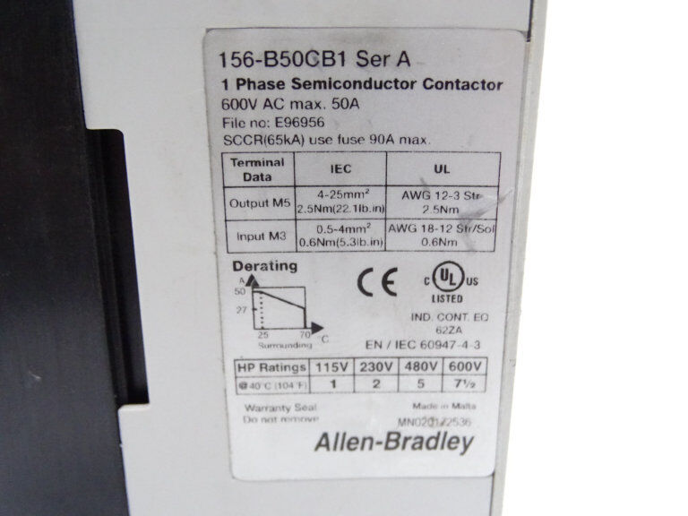 Allen Bradley 156-B50CB1 Series A Contactor - High-Quality Contactor with 200A Capacity and 240V AC Operation - ALLEN BRADLEY