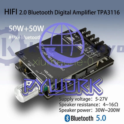 Bluetooth 5.0 TPA3116 HIFI Wireless 50WX2 Stereo Digital Audio Amplifier board