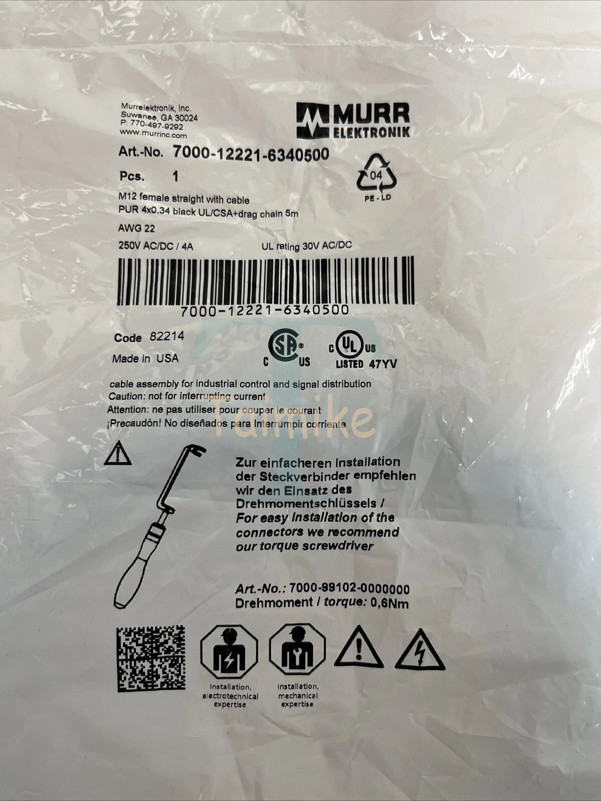 ! Murr Elektronik 7000-12221-6340500 M12 Female Straight w/ Cable Leads