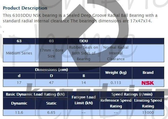 NSK 6303 DDU Deep Groove Radial Ball Bearing 17x47x14mm #