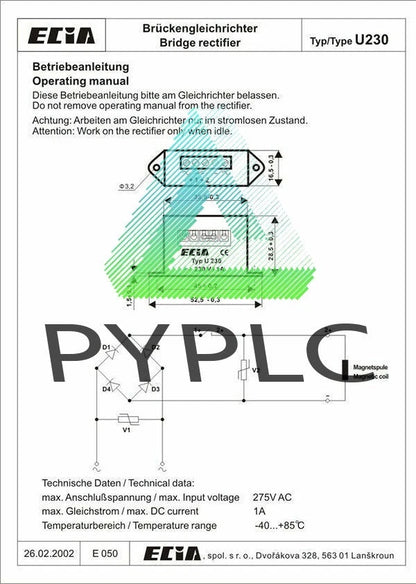 ECIA TYP U230 230V/1A brake rectifier power supply brake module～