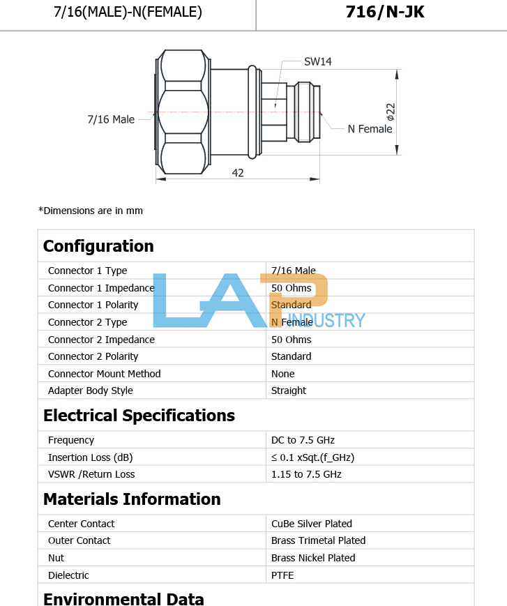 Precision Adapter 7/16-N for DC-7.5GHz 1PCS NEW 716/N-Jk - PRECISION ADAPTER