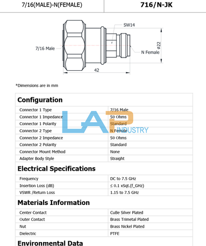 Precision Adapter 7/16-N for DC-7.5GHz 1PCS NEW 716/N-Jk - PRECISION ADAPTER
