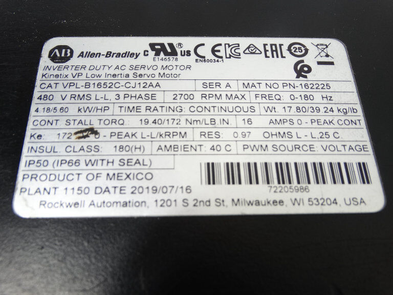 Allen Bradley VPL-B1652C-CJ12AA SERVO MOTOR, 1652 Servo Motor, V-Drive Motor - ALLEN BRADLEY
