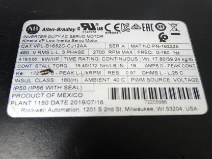 Allen Bradley VPL-B1652C-CJ12AA SERVO MOTOR, 1652 Servo Motor, V-Drive Motor - ALLEN BRADLEY