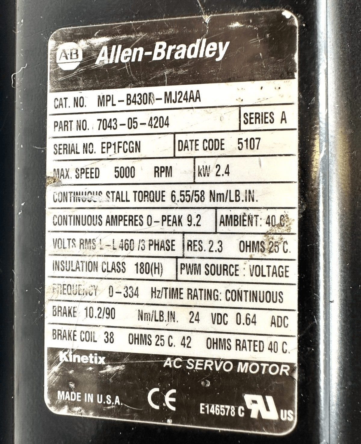 used Allen Bradley MPL-B430P-MJ24AA Servo Motor - ALLEN BRADLEY