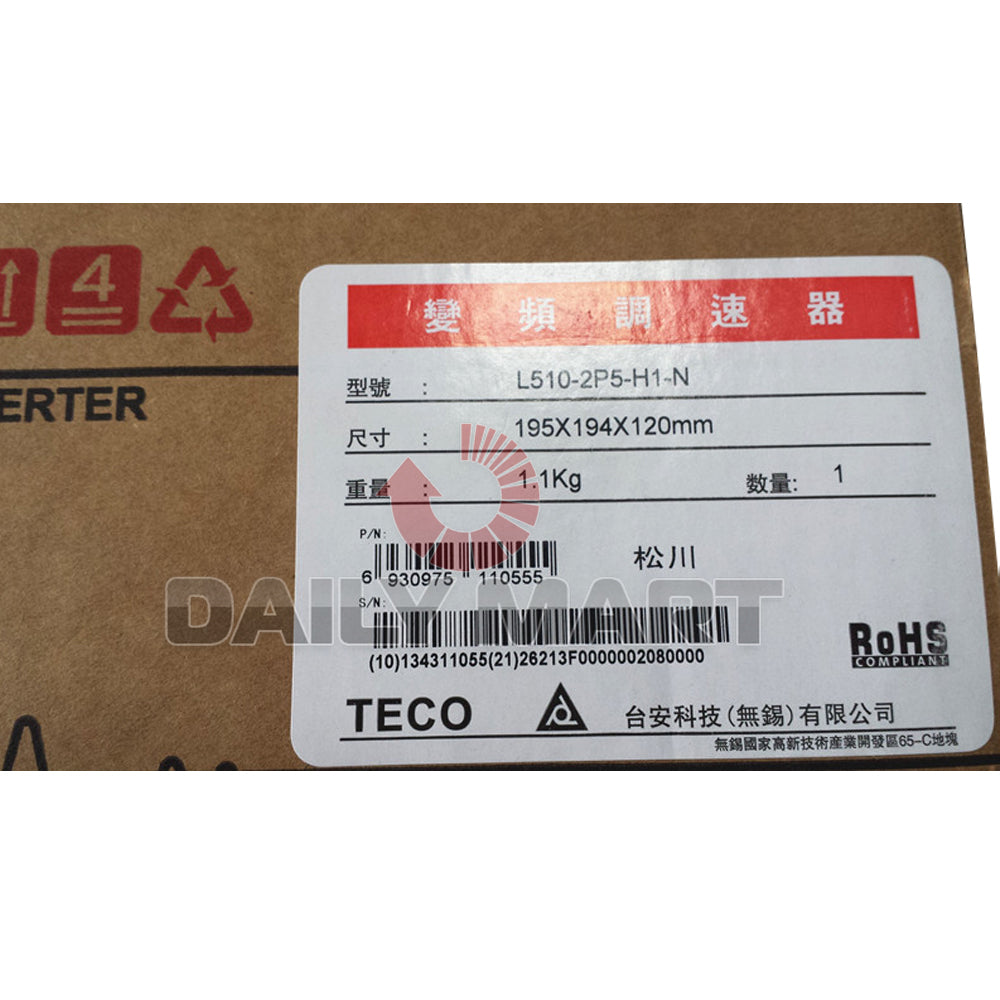 new Teco L510-2P5-H1-N 1 Input 220V Output 3 Ph 0-240V 2.6A 0.4KW 0.5HP Inverter