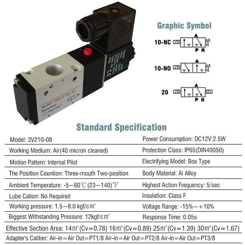 Solenoid Valve for AirTAC 3V210-08 DC 12V 1/4" BSPT 3 Way 2 Position