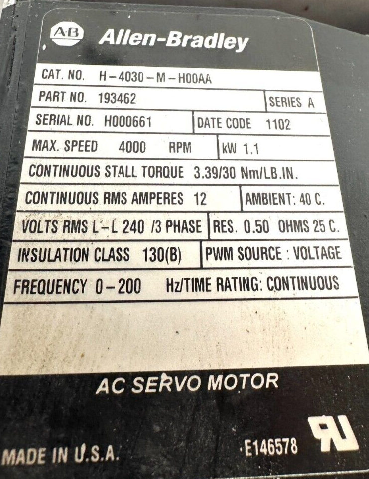 used Allen Bradley H-4030-M-H00AA Servo Motor DTRS90-005T-S - ALLEN BRADLEY